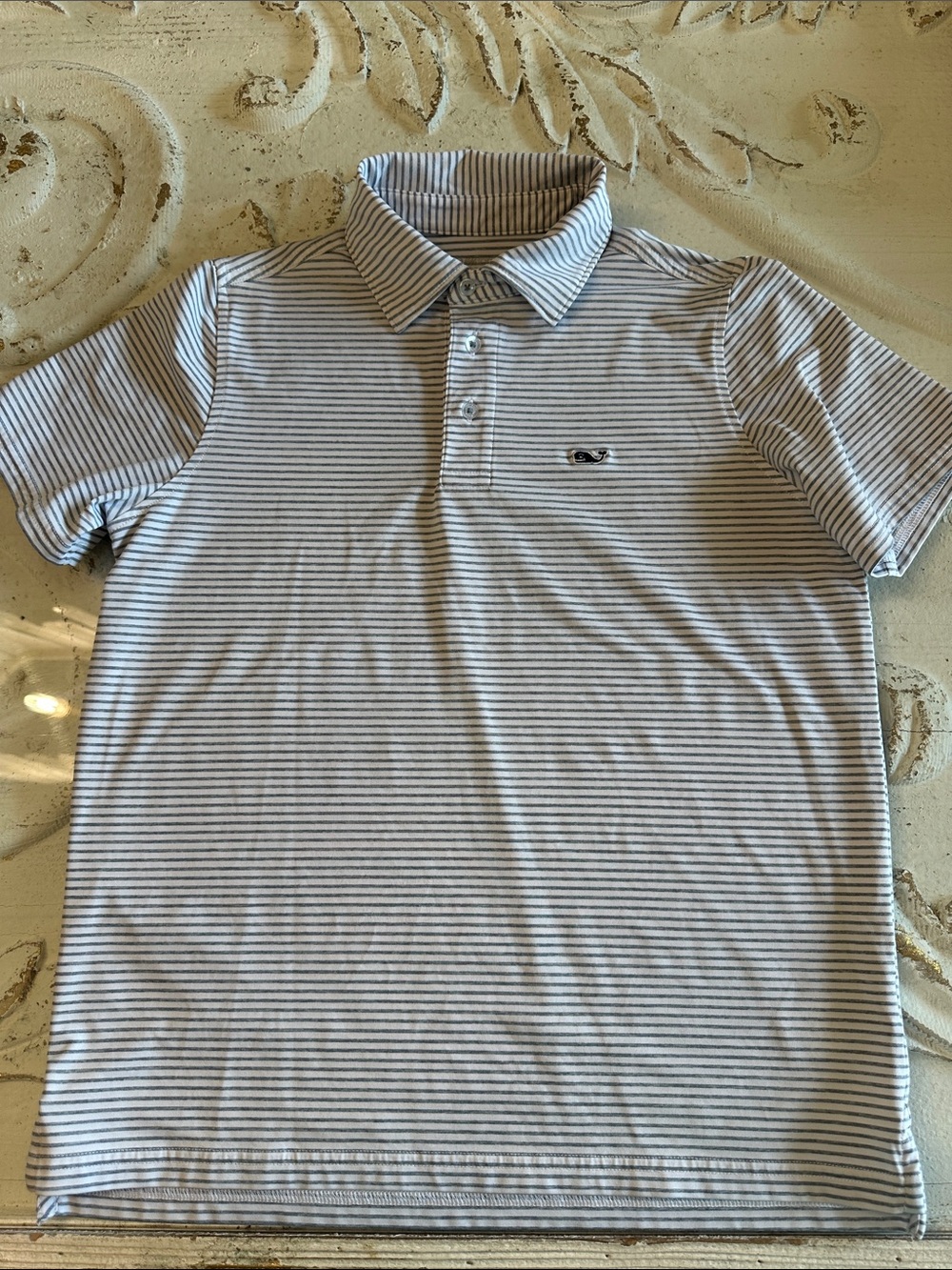 Vineyard Vines Boy’s Grey & White Striped Polo- Medium